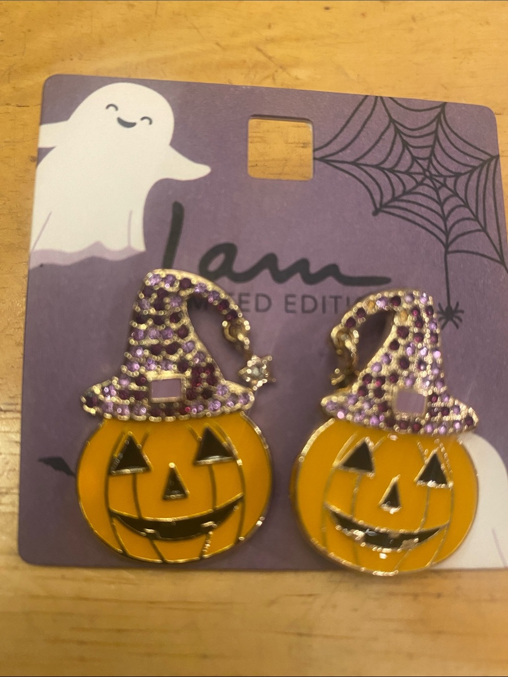 Halloween Pumpkin Jack-O'-Lantern Earrings with Purple crystal Witch Hats NWT